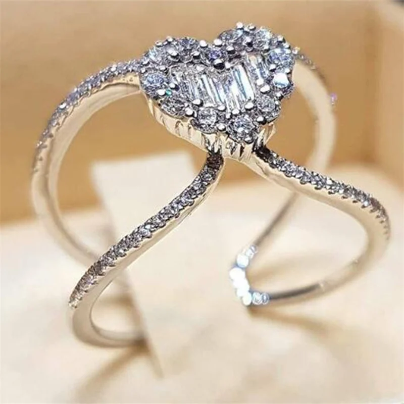 Элегантные роскошные кольца серебряного цвета для женщин с сердцем, модные свадебные украшения из белого камня с металлической инкрустацией для помолвки