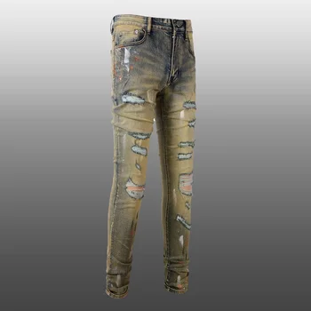Байкер 2023 Весенняя нашивка Уличная одежда в стиле Ретро, Рваные джинсовые брюки, Джинсы-стрейч от старой стирки, Узкие Зауженные брюки