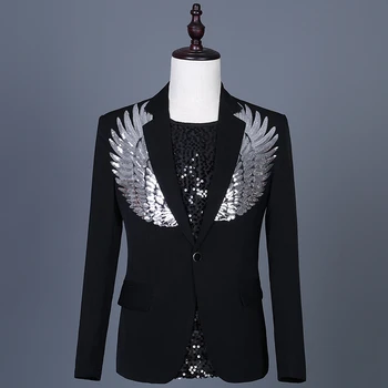 Повседневная куртка с крыльями, расшитыми блестками, черный блейзер для мужчин, приталенный свадебный костюм жениха, сценический костюм для вечеринки в ночном клубе