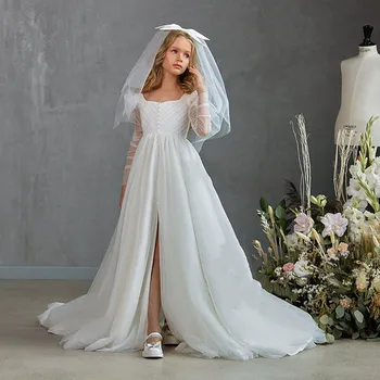Очаровательные свадебные платья с длинными рукавами для принцессы 2023, Новые летние платья для девочек с цветочным узором, расшитые бисером
