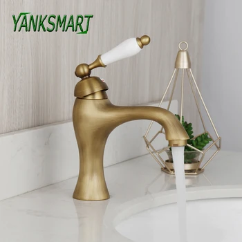 YANKSMART Античный латунный смеситель для ванной комнаты с керамической ручкой, установленный на бортике, Раковина, смеситель для ванны, кран для горячей и холодной воды для умывальника