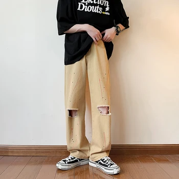 Джинсы с граффити цвета Хаки, рваные дыры, мужские летние мешковатые джинсовые широкие брюки, выстиранные винтажные повседневные брюки в стиле хип-хоп
