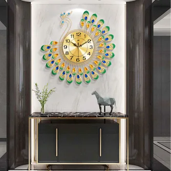 Декоративные бесшумные настенные часы Iron Art Creative для гостиной с широкими рамками, с блестящими бриллиантами в форме павлина, с циферблатом высокой плотности