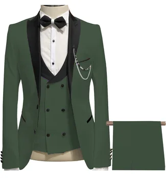 Зеленый мужской костюм Lansboter, 3 предмета с черным отворотом, Приталенный Деловой Формальный Свадебный Профессиональный Повседневный пиджак, жилет и брюки