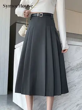 Весенне-летний женский костюм с высокой талией, плиссированные юбки с поясами, новые модные Корейские черно-серые универсальные женские юбки Миди трапециевидной формы