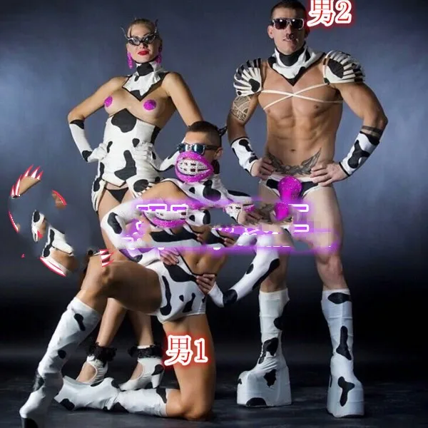 Костюм: Костюм с рисунком коровы для мужской и женской танцевальной команды, вечеринки с животными в баре.