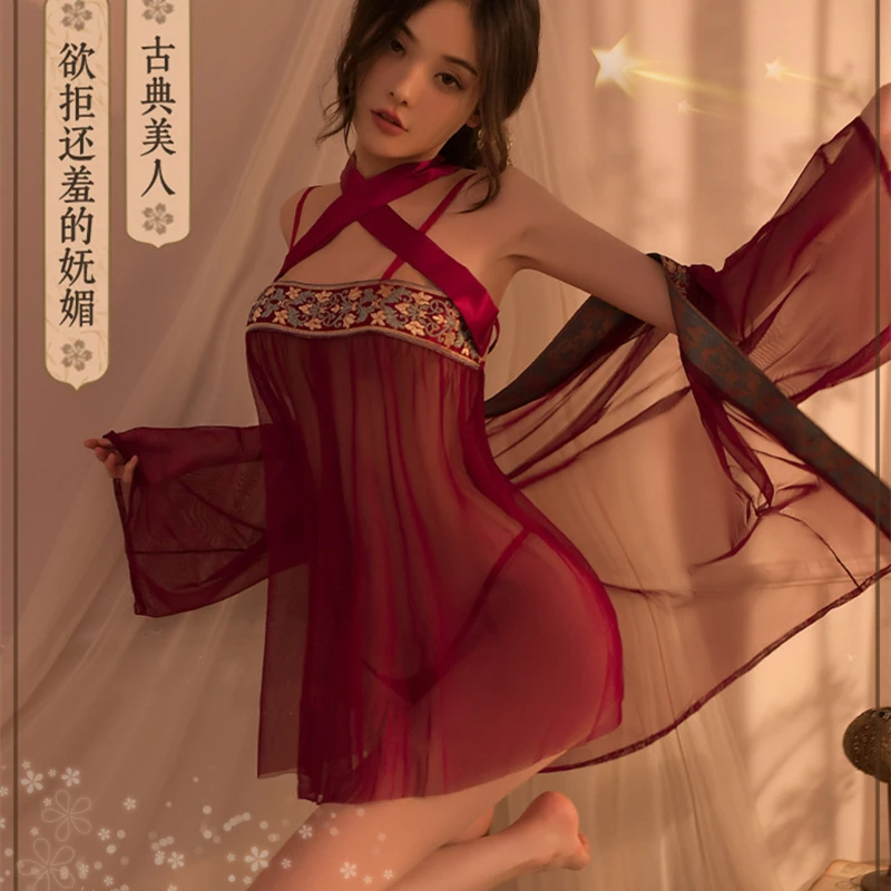 Красное антикварное газовое платье Hanfu, сексуальное женское белье, прозрачная юбка, внешние трусики, комплект из 3 предметов, ретро Китайский традиционный женский костюм