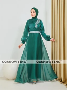 Аппликации из органзы, мусульманские вечерние платья с длинным рукавом, Хиджаб, Исламское вечернее платье с высоким воротом, Арабский кафтан, Женский халат